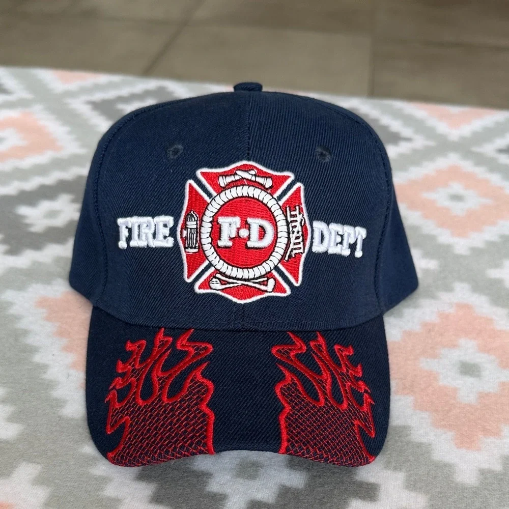 NEW Embroidered Fire Dept FD Cap with Red Flame Visor - navy blue one size
